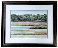 Framed pastel painting showing full artwork, vintage dark wood frame with a white double mat with blue accent lines.