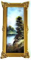 Full view of framed pastel landscape painting showing ornate gold frame with corner decorations and the full vertical composition of the river and trees