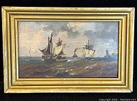 Frontal view of oil-on-board painting in simple gilded wood frame