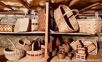 Shelves holding multiple woven baskets of various sizes and shapes including round, rectangular, and square forms in natural wood tone.