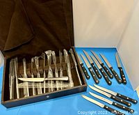 Photo shows seven Wusthof Gourmet steak knives and four Zwilling J.A. Henckels steak knives arranged near a felt-lined flatware case.