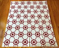 Full front view of quilt laid flat on hardwood floor, showing overall pattern and condition