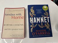 Two books placed side by side on a flat surface: 'Tuesdays with Morrie' with a white and red cover, and 'Hamnet' with a blue cover featuring gold accents and award sticker.