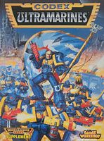 Front cover of Ultramarines Codex showing painted Ultramarines in battle scene with banners and weapons.
