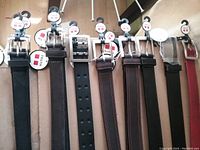 Full view of 8 belts hung on a rack with brand tags showing 'Truth' and price stickers.