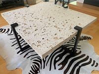 Full view of coffee table showing shell stone slab top and black iron frame