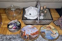 Photo showing all items: soup tureen, art plates, honey jars, sweets jar, salad dressing dispenser, and wood basket