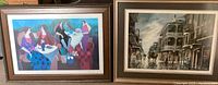 Both framed prints showing the overall look and scale: colorful Tarkay figurative scene and muted historic street scene by Al Federico.