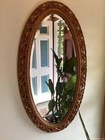 Full view of the large oval mirror hanging on the wall with visible gold ornate frame.