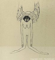 Close-up of the artwork showing a minimalist line drawing of a nude figure with wings and a detailed face.