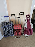 Three bundle buggies with bags of different colors and patterns standing upright against a wall.
