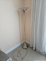 Full view of the tall solid brass floor lamp standing in corner, showing entire height and base with fabric cord on carpet.