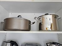 Two stainless steel pots with lids, one wide and one tall.