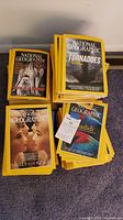 Four stacks of National Geographic magazines on a carpeted floor, showing covers such as a wolf, Tornadoes, Valley of the Kings, and a colorful bird.