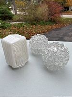 Four vintage glass light covers photographed outdoors on a white surface with a natural background. Two clear textured spherical covers with starburst patterns and two opaque white ribbed rectangular covers.