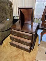 Small 3-drawer chest with side handles and book-shaped wooden box on top showing drawers open