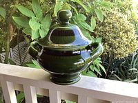 Green glazed soup tureen with lid and black striping placed outdoors on railing, background foliage visible.