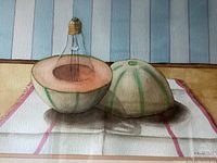 Close-up photo of watercolor depicting cantaloupe halves with a light bulb placed inside one half, painted with realistic shading and texture.