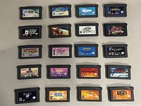 Layout of all 20 GameBoy Advance cartridges showing labels and titles.