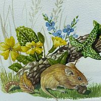 Close-up of the mouse, flowers, and ivy on the log in the watercolour painting.