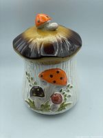 Front view of the Merry Mushroom ceramic canister with lid shaped as mushroom cap and small mushroom handle.