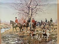 Close-up of the horse print showing six horse riders in hunting attire and a pack of hunting dogs with a large tree in the background.