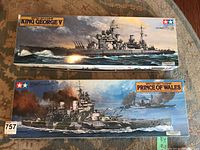 Top view of both model kit boxes showing artwork for British battleship King George V and Prince of Wales