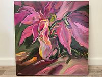 Full view of the acrylic painting showing vibrant pink flowers in a glass vase against dark green background.