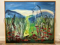 Full view of the original painting showing the mountains, grassy meadow, and flowers with a wooden frame and side handles.