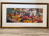 Full frontal view of the framed pastel painting showing the flower market scene
