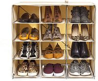 Shoe storage organizer with multiple pairs of shoes in beige vinyl and metal frame arranged in compartments