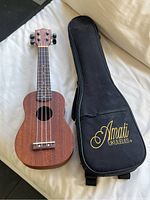 Ukulele placed on a surface next to original black Amati case with logo