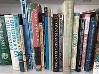 Photo showing a row of architecture, art, and history books with detailed titles and colorful covers.