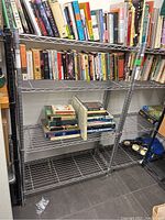 Full view of Metro wire shelving unit with books and some other items placed on shelves but contents not included in sale