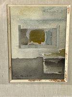 Full front view of framed abstract watercolor artwork by Roger Barr, showing the overall piece including the frame with visible aging.