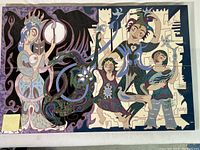 Full mural arrangement of twelve painted tiles laid out on the floor.