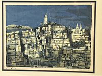 Full view of the framed signed print showing the cityscape artwork in cool tones.