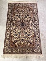 Full view of small wool area rug laid flat on concrete floor. Shows overall pattern and fringe.