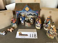 Full Nativity set including stable, holy family, three wise men, shepherd, donkey, sheep, and original boxes.