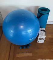 Blue LuxFit fitness ball, blue yoga mat, pair of hand weights, and ab roller wheel arranged on wooden floor against white wall.