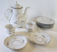 Photo showing the full 10 piece miniature porcelain tea set including teapot, cups, and plates arranged on a white surface.