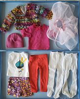 Full view of all nine items including jacket, tops, pants, skirt, tights, hat, and veil accessory