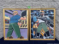 Photo of two framed Leger style prints by Douglas Fraser showing industrial workers.