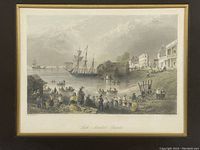 Framed view of the antique hand-colored engraving depicting early Toronto fish market with people, ships, and waterfront buildings.