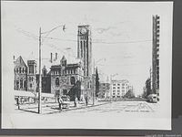 Full front view of the black and white ink drawing showing the Old City Hall clock tower and surrounding buildings on Queen Street in Toronto with street scene and figures.