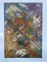 Colorful abstract musical-themed print with geometric and organic shapes, signed by Reyes on lower right, edition number 4/15 on lower left.