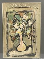 Frontal photo of framed lithograph showing floral vase with 'VERVE' text on top and right side.