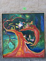 Full view of the abstract painting showing colors, shapes, and frame condition.