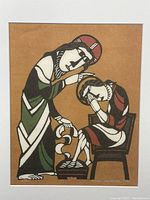 Close-up view of the print showing stylized depiction of Christ and St. Peter in bold outlines and color fills