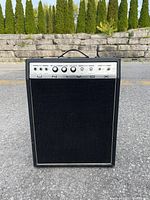 Front view of Univox guitar amplifier showing black cabinet with black mesh grille and silver control panel with inputs and knobs.